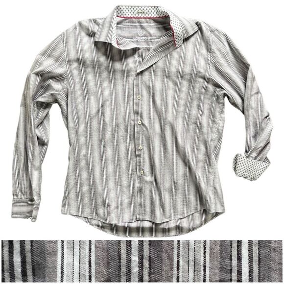Bugatchi Uomo Shaped Fit Button Front Gray White Striped Shirt Men's size Medium - Picture 1 of 10